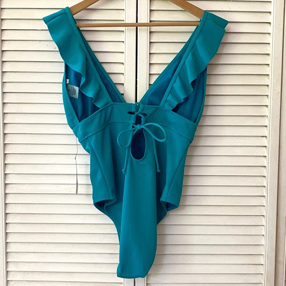 🆕 Coco Cabaña Swimsuit Women’s XL Teal Blue Ruffle V-Neck One Piece Bathing Suit